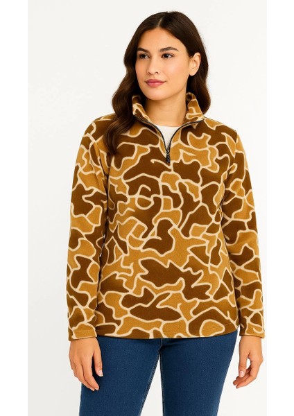 Kadın Yarım Fermuarlı Desenli Polar Sweat Yakalı, Uzun Kollu, Oversize Rahat Kalıp - Kahverengi -Vlmr modelleri