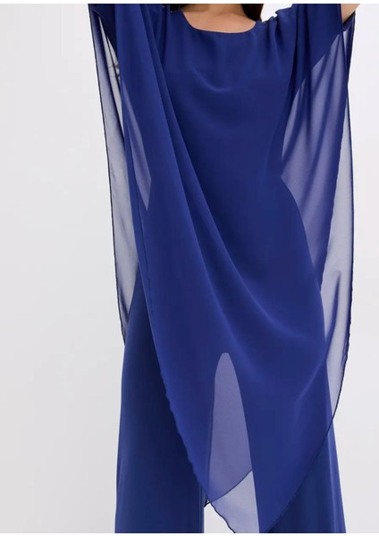 Kadın Büyük Beden Saks, Tek Parça Jarse, Şifon Üst, Omuz Detaylı, Geniş Paça Abiye Tulum 65N39019 fiyatları