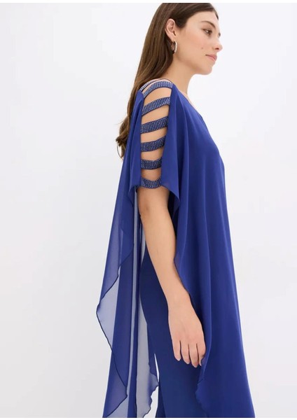 Kadın Büyük Beden Saks, Tek Parça Jarse, Şifon Üst, Omuz Detaylı, Geniş Paça Abiye Tulum 65N39019 modelleri