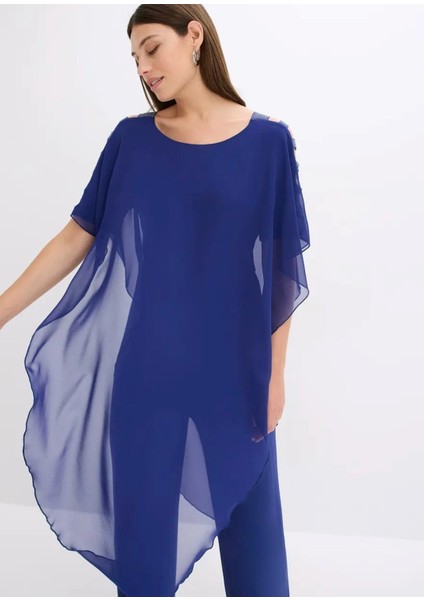 Kadın Büyük Beden Saks, Tek Parça Jarse, Şifon Üst, Omuz Detaylı, Geniş Paça Abiye Tulum 65N39019 fırsatları