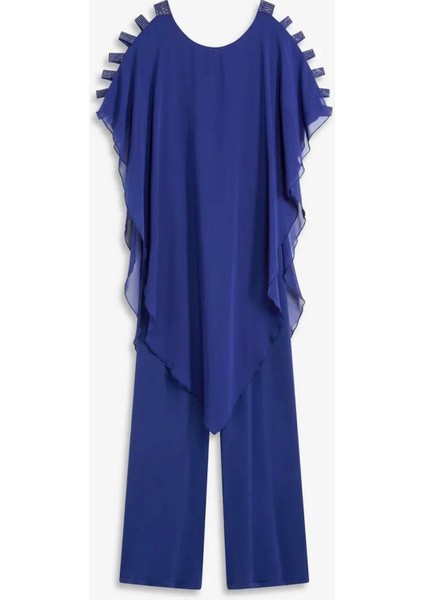 Kadın Büyük Beden Saks, Tek Parça Jarse, Şifon Üst, Omuz Detaylı, Geniş Paça Abiye Tulum 65N39019 indirimleri