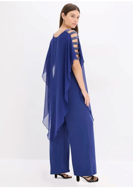 Kadın Büyük Beden Saks, Tek Parça Jarse, Şifon Üst, Omuz Detaylı, Geniş Paça Abiye Tulum 65N39019