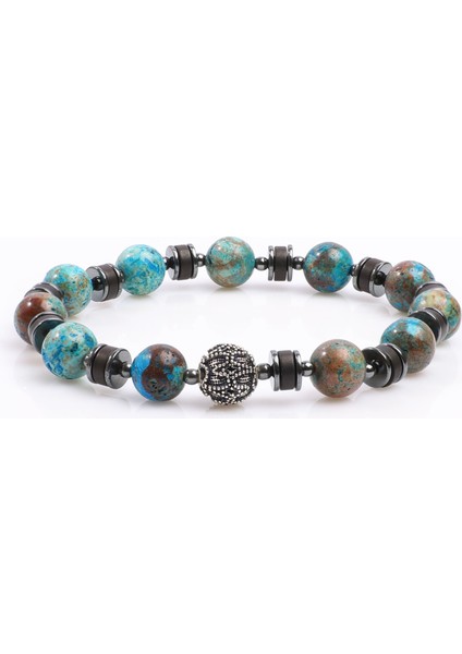 Afrika Turkuazı, Hematit, Gümüş Doğal Taş Bileklik, Unisex Bileklik, Tasarım Bileklik Ayarlanabilir