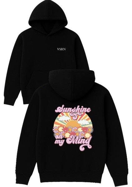 Sunshine On My Tasarım Baskılı Oversize Siyah Kapüşonlu Sweatshirt