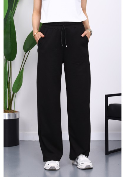 Siyah Bel Lastikli İki İplik Palazzo Eşofman Alt
