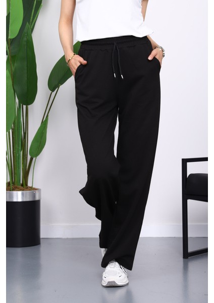 Siyah Bel Lastikli İki İplik Palazzo Eşofman Alt fırsatları