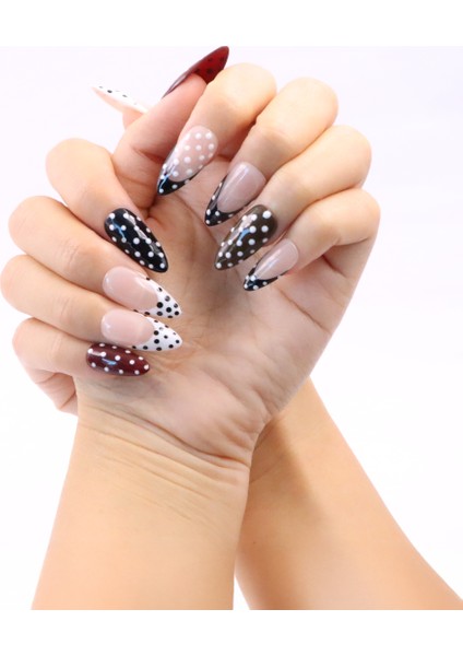 10'lu Renkli Uzun Badem UBD1462 Tekrar Kullanılabilir El Yapımı Protez Takma Tırnak - Renkli-XS indirimleri