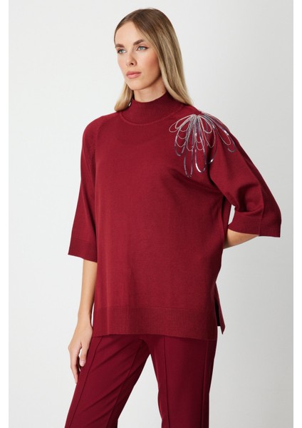 Kadın Omzu Zincir Işlemeli Triko Kazak 65381 Bordo fiyatları