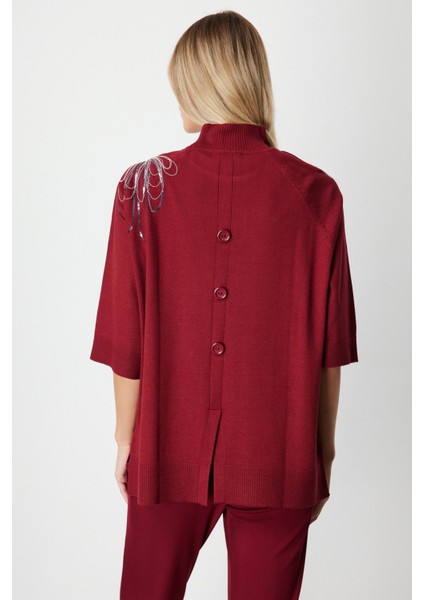 Kadın Omzu Zincir Işlemeli Triko Kazak 65381 Bordo fırsatları
