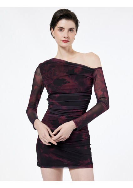 Asimetrik Yaka Uzun Kollu Slim Fit Çiçekli Drapeli Mini Tül Elbise fiyatları