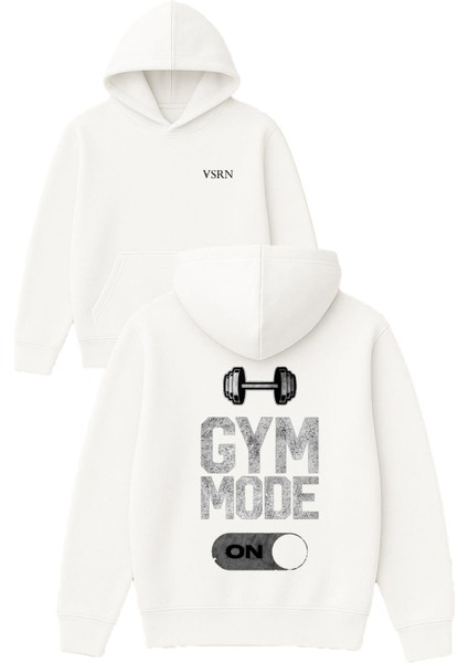 Gym Mode On Tasarım Baskılı Oversize Beyaz Kapüşonlu Sweatshirt