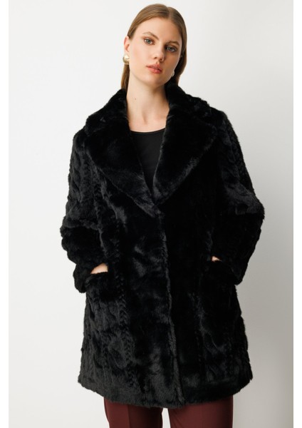 Kadın Büyük Beden Kruvaze Yaka Torba Cepli Kaban 6961 Siyah