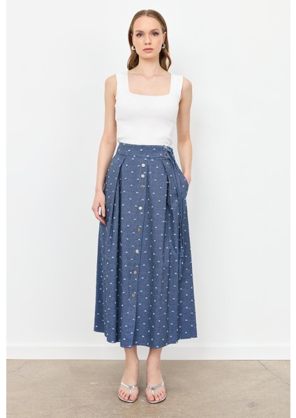 Kemer Detaylı Kloş Kot Etek-Mavi