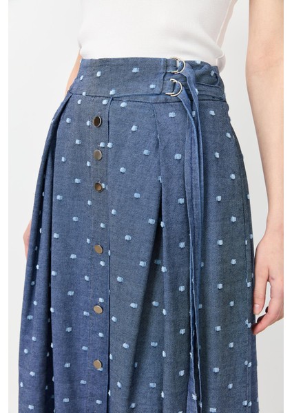 Kemer Detaylı Kloş Kot Etek-Mavi