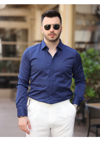 Süper Slim Fit (Dar Kalıp ) Gizli Düğmeli Pamuk Saten Gömlek