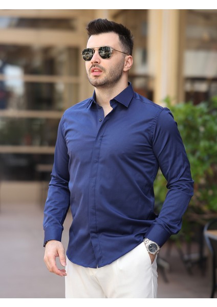 Süper Slim Fit (Dar Kalıp ) Gizli Düğmeli Pamuk Saten Gömlek fiyatları