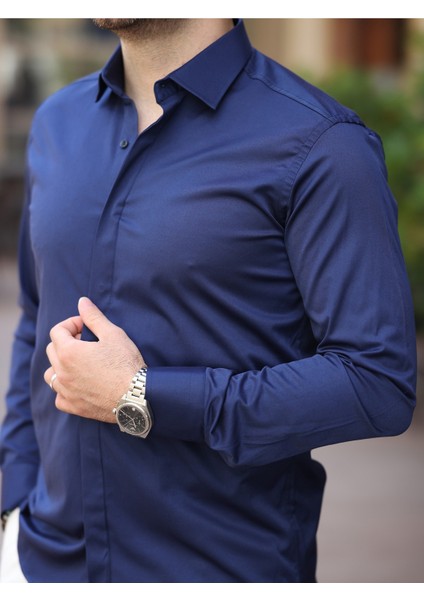 Süper Slim Fit (Dar Kalıp ) Gizli Düğmeli Pamuk Saten Gömlek modelleri