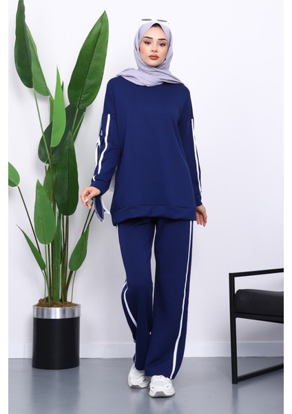 Lacivert Kol Bağlamalı Tunik Pantolonlu Takım