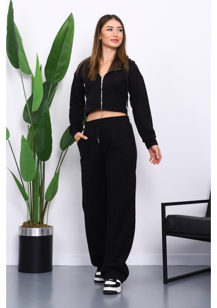 Siyah Kapşonlu Hırka Pantolonlu Selanik Takım