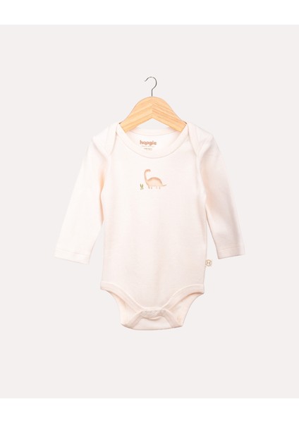 %100 Organik Pamuk Gots Sertifikalı Uzun Kollu Dinazor Desenli Bebek & Yenidoğan Body - Pudra