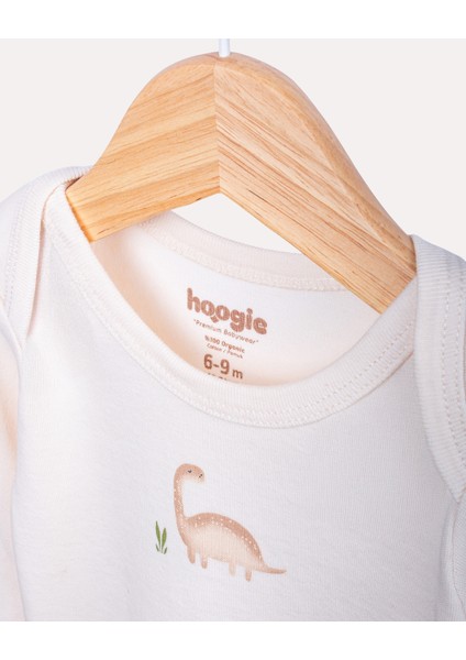 %100 Organik Pamuk Gots Sertifikalı Uzun Kollu Dinazor Desenli Bebek & Yenidoğan Body - Pudra