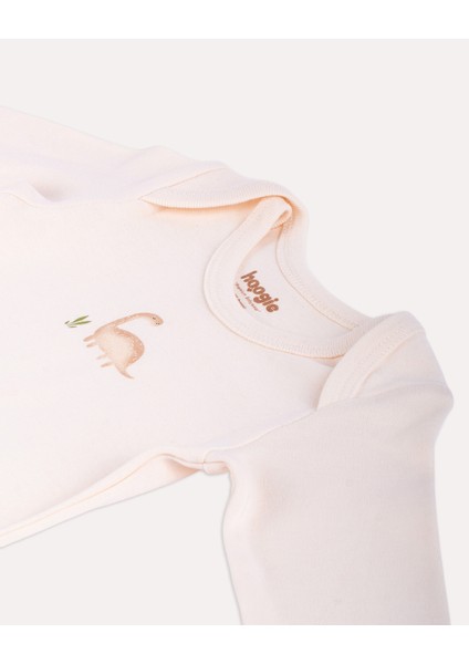 %100 Organik Pamuk Gots Sertifikalı Uzun Kollu Dinazor Desenli Bebek & Yenidoğan Body - Pudra