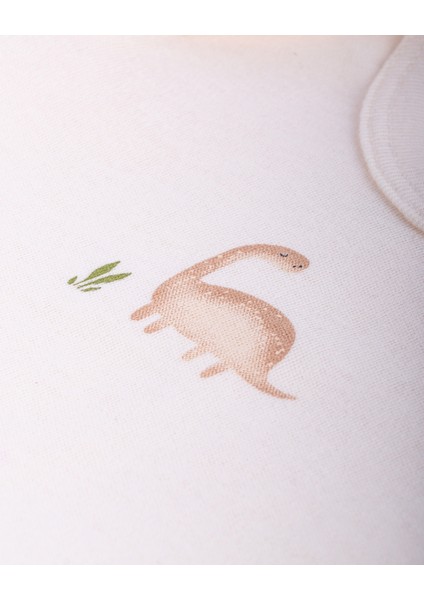 %100 Organik Pamuk Gots Sertifikalı Uzun Kollu Dinazor Desenli Bebek & Yenidoğan Body - Pudra