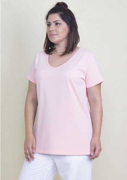 Kadın Büyük Beden Pembe Pamuklu Kumaş V Yaka Bluz