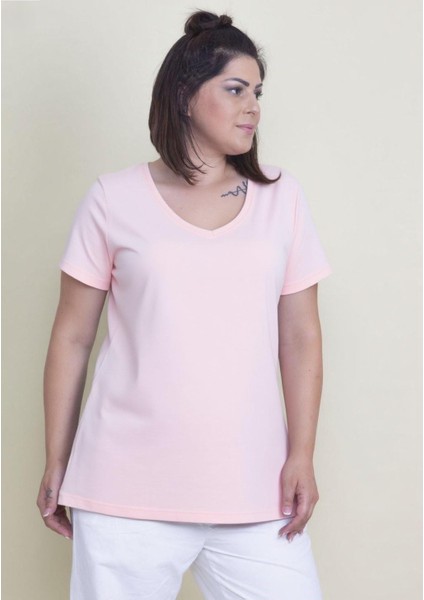 Kadın Büyük Beden Pembe Pamuklu Kumaş V Yaka Bluz fiyatları