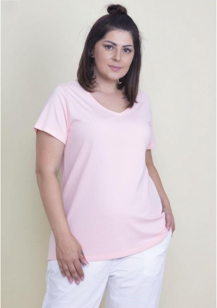 Kadın Büyük Beden Pembe Pamuklu Kumaş V Yaka Bluz indirimleri