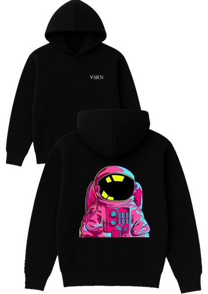 Astronot Tasarım Baskılı Oversize Siyah Kapüşonlu Sweatshirt