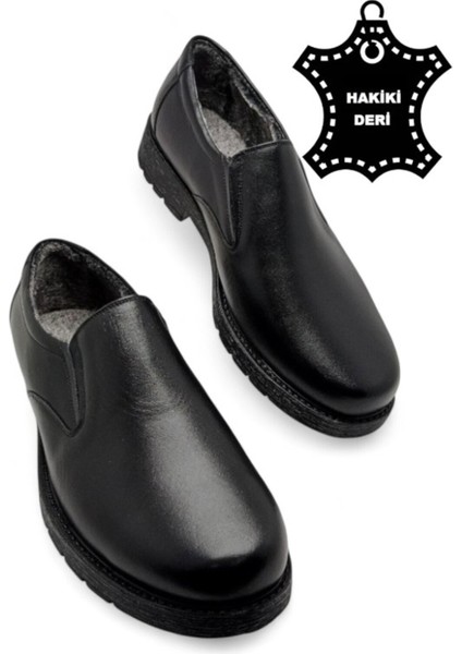 Siyah Içi Tamamen Kürklü Kışlık Hakiki Deri Kalın Tabanlı Erkek Ayakkabı