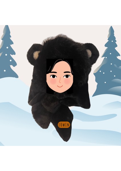 Kulak Detaylı Peluş Ikisi Bir Arada Bere ve Şal | Yumuşacık ve Sıcacık Kış Şapkası