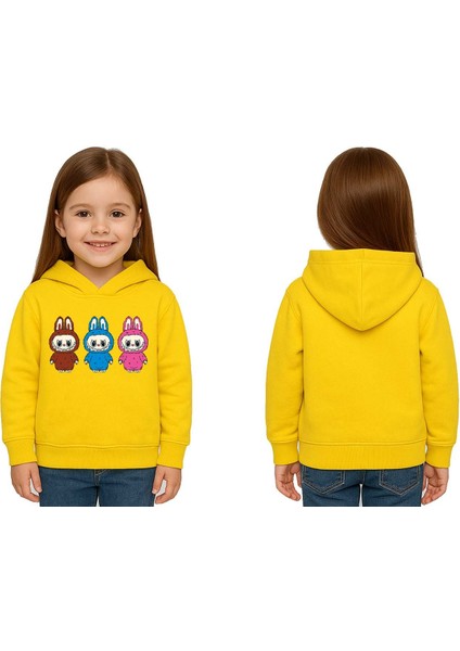 Unisex Baskılı Çocuk Swaetshirt Labubu Baskılı Kapüşonlu 3 Iplik Şardonlu