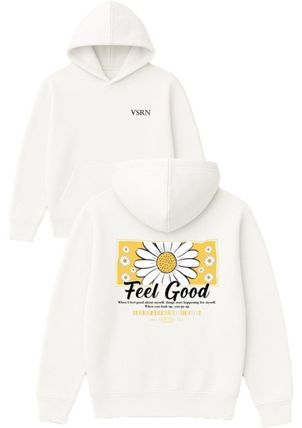 Feel Good Tasarım Baskılı Oversize Beyaz Kapüşonlu Sweatshirt