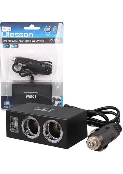 1522 12-24V Tek USB Girişli 120W 80CM Kablolu 2'li Araç Çakmak Çoklayıcı