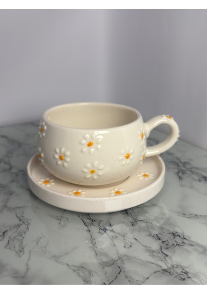 Seramik El Yapımı Papatya Desenli Tabaklı Bardak | Yelkovanstudio