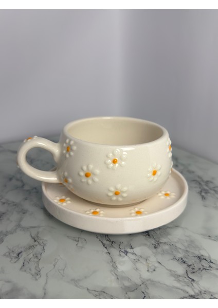 Seramik El Yapımı Papatya Desenli Tabaklı Bardak | Yelkovanstudio fiyatları