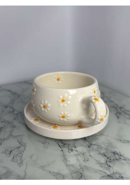 Seramik El Yapımı Papatya Desenli Tabaklı Bardak | Yelkovanstudio modelleri