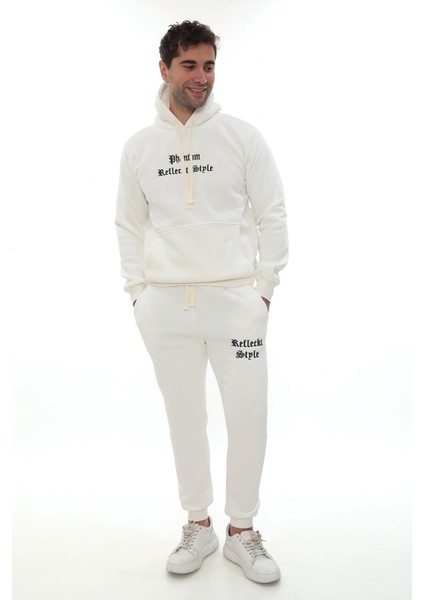 Beyaz Içi Polarlı Şık Erkek Eşofman Takımı Paça Lastikli Cepli Kapüşonlu Nakış Detaylı Compact Takım