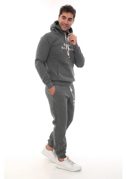 Koyu Gri Melanj Polarlı Erkek Eşofman Takımı Paça Lastikli Cepli Kapüşonlu Nakış Detaylı Compact Takım