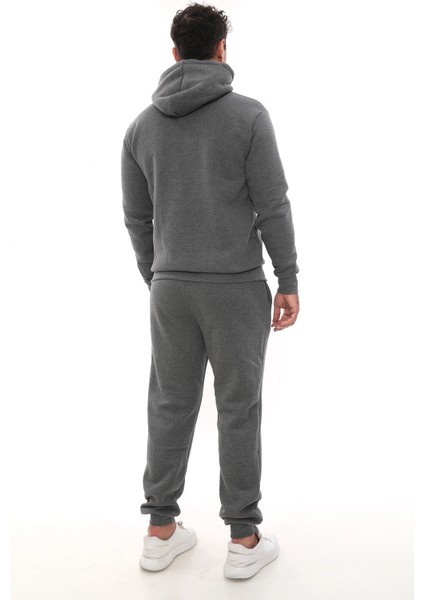 Koyu Gri Melanj Polarlı Erkek Eşofman Takımı Paça Lastikli Cepli Kapüşonlu Nakış Detaylı Compact Takım fiyatları