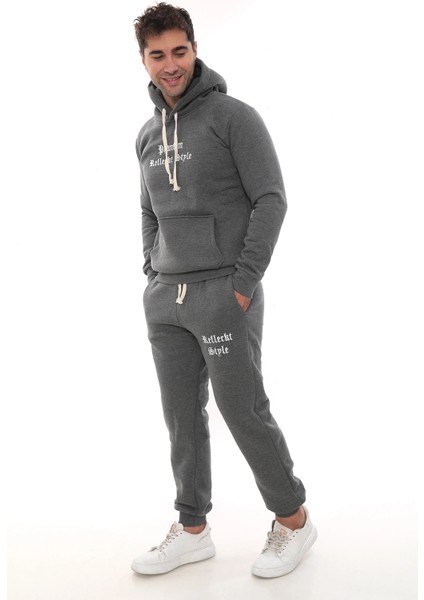 Koyu Gri Melanj Polarlı Erkek Eşofman Takımı Paça Lastikli Cepli Kapüşonlu Nakış Detaylı Compact Takım modelleri