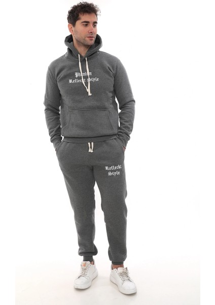 Koyu Gri Melanj Polarlı Erkek Eşofman Takımı Paça Lastikli Cepli Kapüşonlu Nakış Detaylı Compact Takım fırsatları