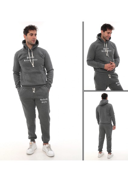 Koyu Gri Melanj Polarlı Erkek Eşofman Takımı Paça Lastikli Cepli Kapüşonlu Nakış Detaylı Compact Takım indirimleri