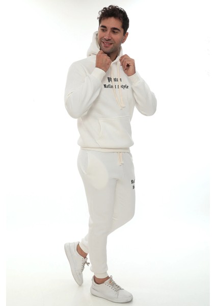 Beyaz Içi Polarlı Şık Erkek Eşofman Takımı Paça Lastikli Cepli Kapüşonlu Nakış Detaylı Compact Takım modelleri