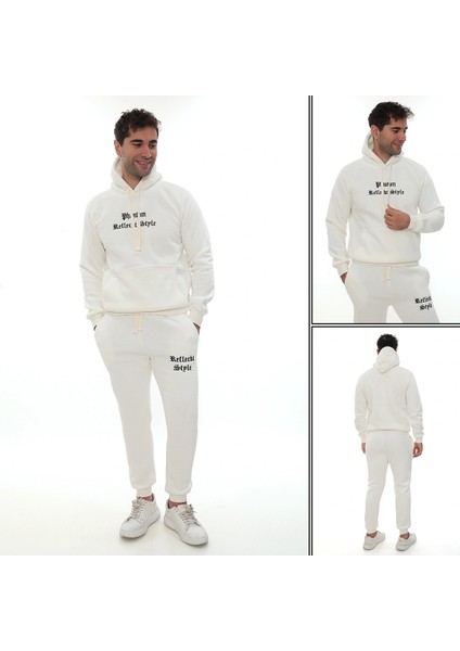 Beyaz Içi Polarlı Şık Erkek Eşofman Takımı Paça Lastikli Cepli Kapüşonlu Nakış Detaylı Compact Takım indirimleri