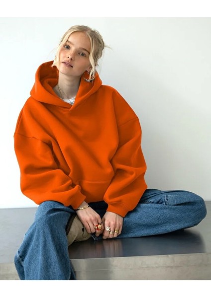 Kadın Rahat Oversize 3 Iplik Pamuklu Şardonlu Kanguru Cep Kapşonlu Sweatshirt modelleri