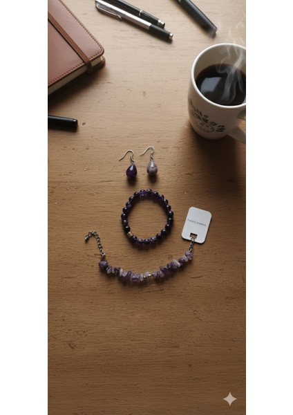 Ametist Küpe Bileklik Halhal Seti - Doğal Taş Mor Takı Koleksiyonu modelleri