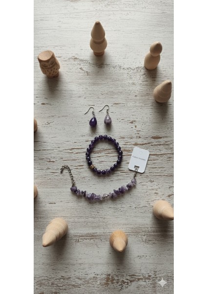 Ametist Küpe Bileklik Halhal Seti - Doğal Taş Mor Takı Koleksiyonu indirimleri